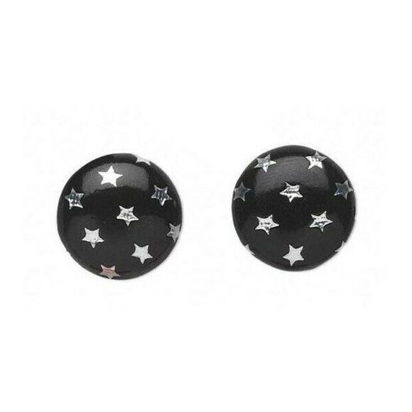 Vegan Faux Leather Round 15mm Button Post Earrings Black w Silver Metallic Stars - Picture 1 of 1